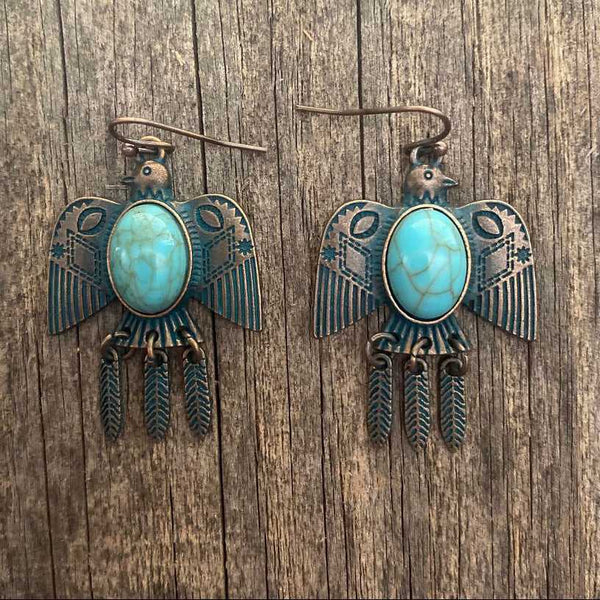 Turquoise patina copper boho earrings