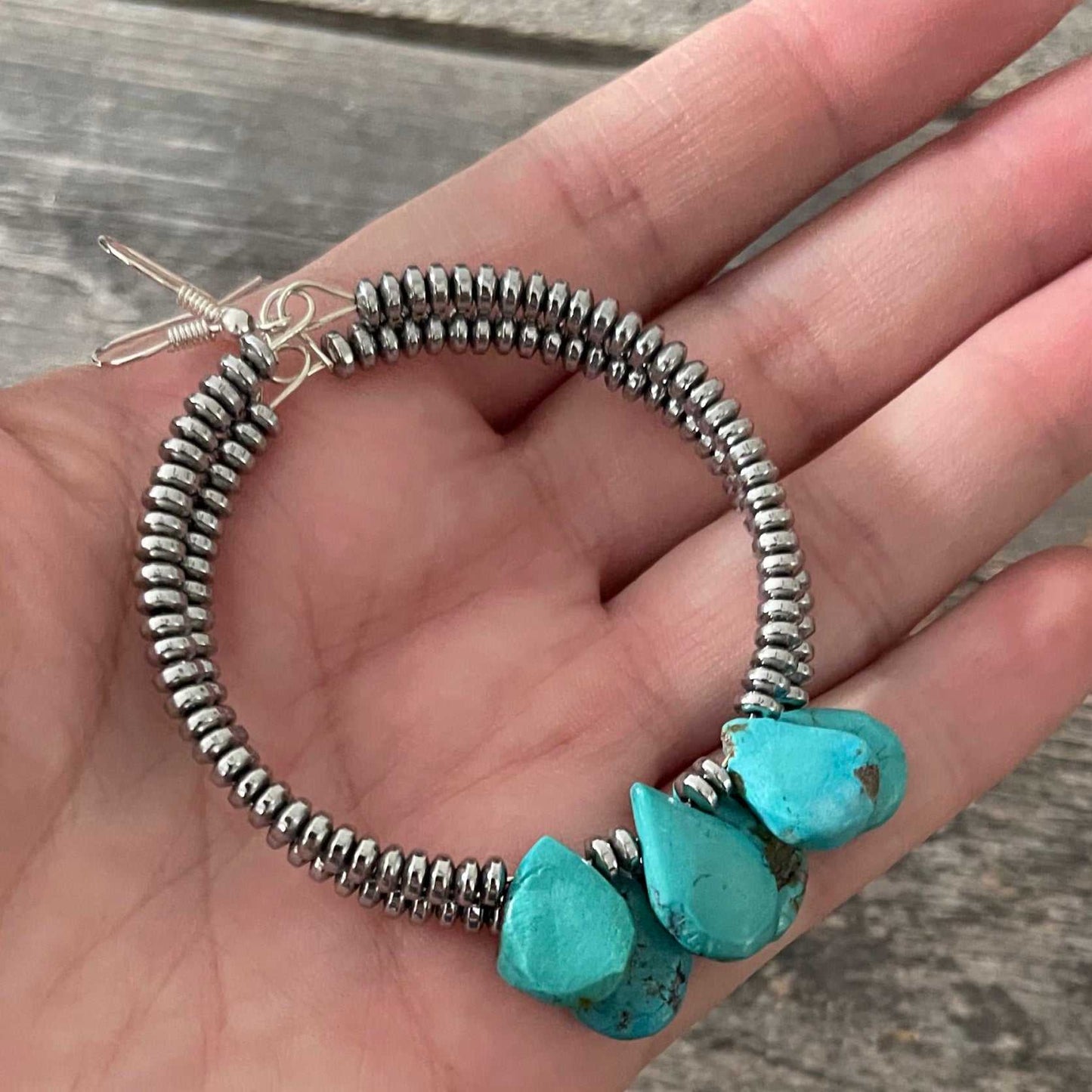 Genuine turquoise beads and silver hoop boho earrings