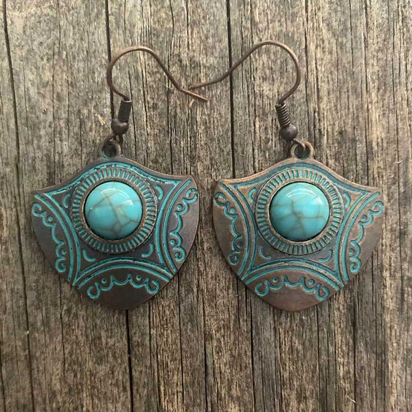 Turquoise patina copper boho earrings