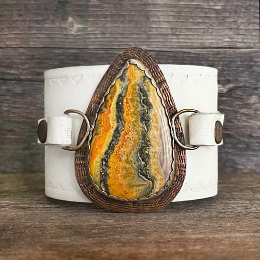 One of a kind genuine white leather and drop-shaped Bumble Bee Jasper statement bracelet