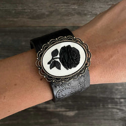 Genuine leather with cameo black rose concho bracelet