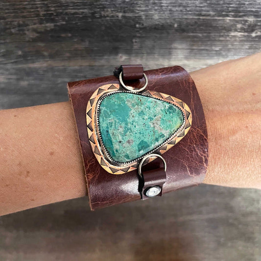 One of a kind genuine brown leather and triangle-shaped Chrysocolla statement bracelet