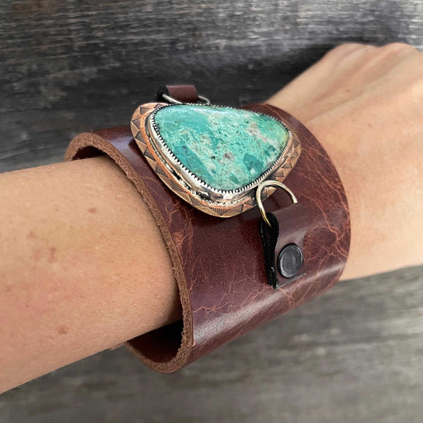 One of a kind genuine brown leather  and triangle-shaped Chrysocolla statement  bracelet