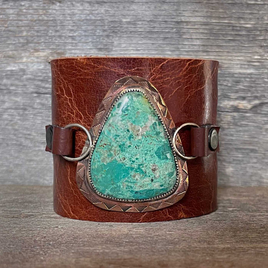 One of a kind genuine brown leather and triangle-shaped Chrysocolla statement bracelet