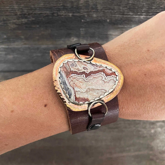 One of a kind genuine brown leather and triangle-shaped Crazy Lace agate statement bracelet