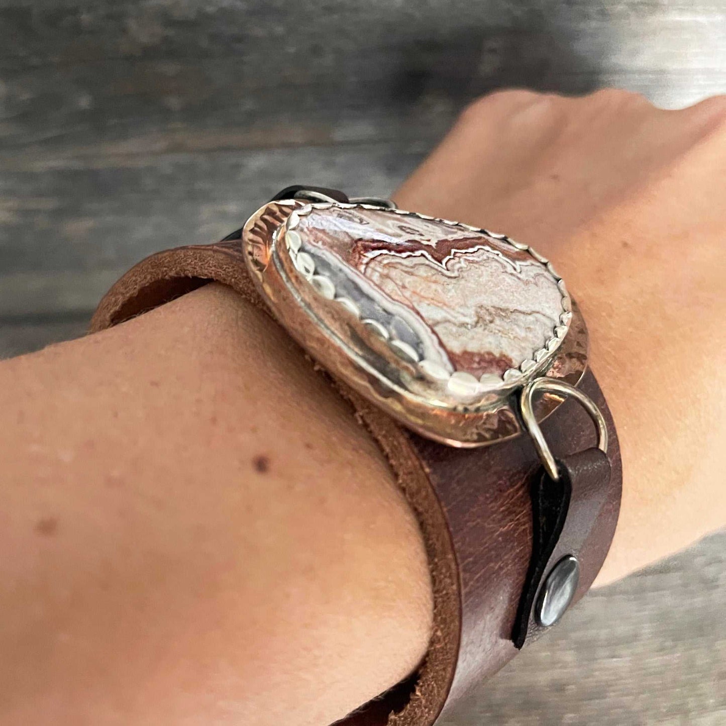 One of a kind genuine brown leather and triangle-shaped Crazy Lace agate statement  bracelet