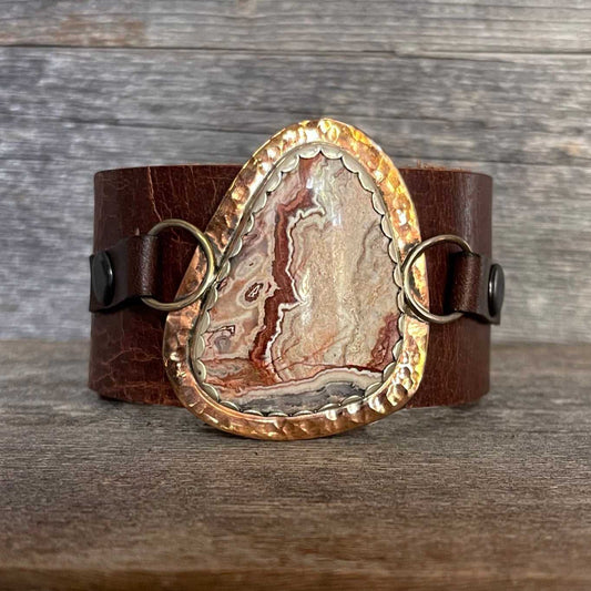 One of a kind genuine brown leather and triangle-shaped Crazy Lace agate statement bracelet