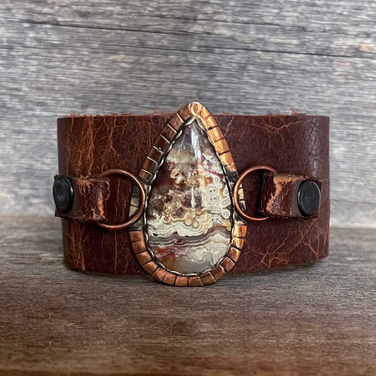 One of a kind genuine brown leather and drop-shaped Crazy Lace agate statement bracelet