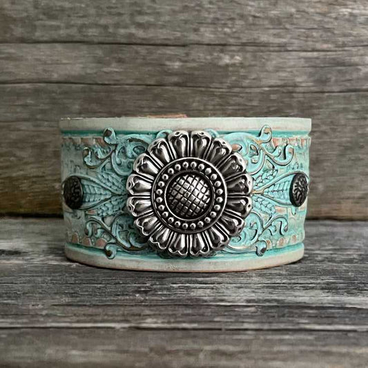 Genuine leather silver flower concho  bracelet