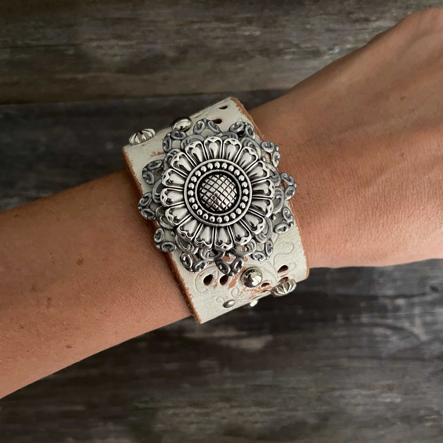 Genuine cut-out leather silver flower Concho bracelet