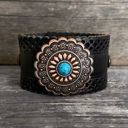 One of a kind genuine cut-out leather copper flower and blue stone concho bracelet