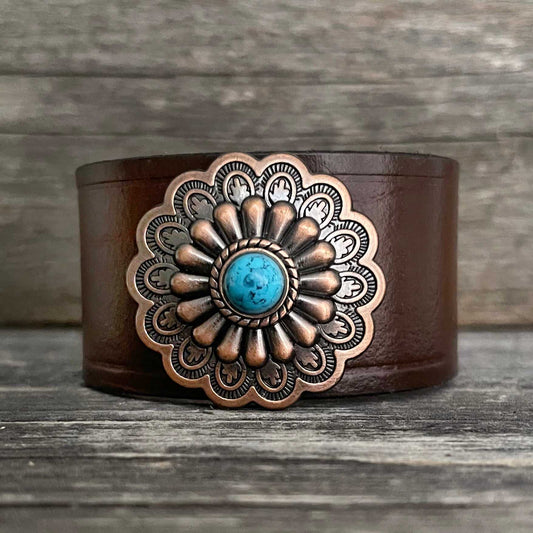 One of a kind genuine leather copper flower and blue stone concho bracelet