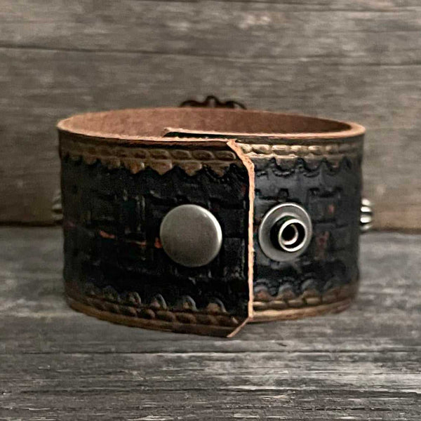 Genuine leather copper and pewter flower concho bracelet