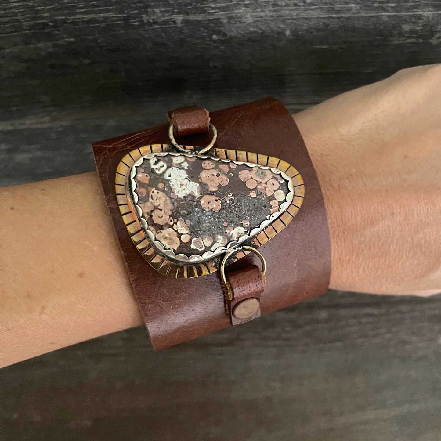 One of a kind genuine brown leather and triangle-shaped Leopard jasper statement  bracelet