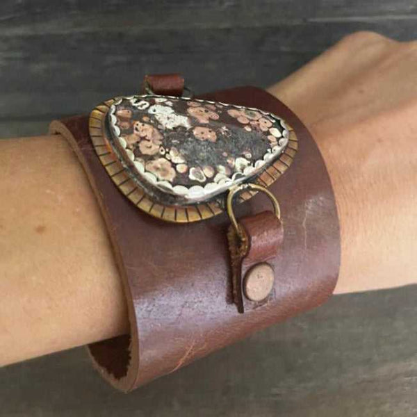 One of a kind genuine brown leather and triangle-shaped Leopard jasper statement  bracelet