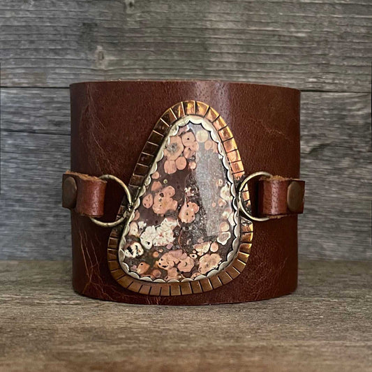 One of a kind genuine brown leather and triangle-shaped Leopard jasper statement bracelet