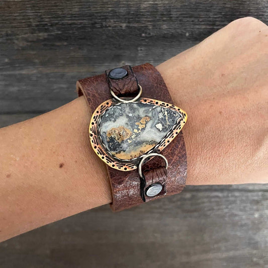 One of a kind genuine brown leather and drop-shaped Maligano jasper statement bracelet