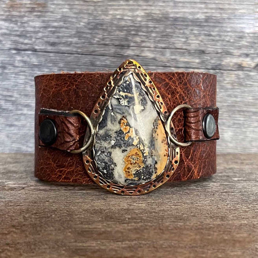 One of a kind genuine brown leather and drop-shaped Maligano jasper statement bracelet