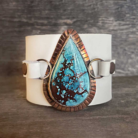 One of a kind genuine white leather and drop-shaped Tibetan turquoise statement bracelet