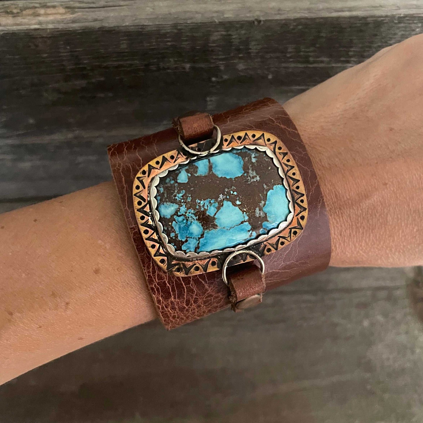 One of a kind genuine brown leather  and rectangle-shaped Tibetan turquoise statement bracelet