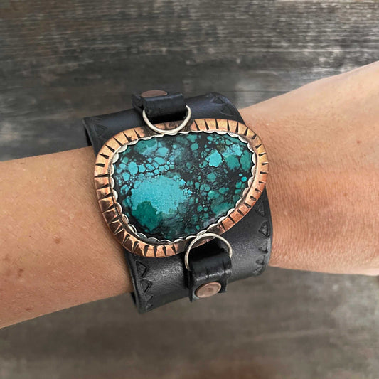 One of a kind genuine black leather and semi-oval-shaped Chinese turquoise statement bracelet