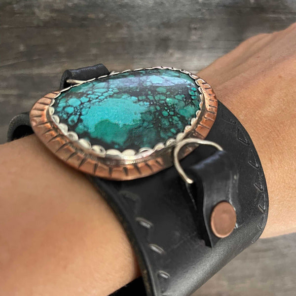 One of a kind genuine black leather  and semi-oval-shaped Chinese turquoise statement bracelet