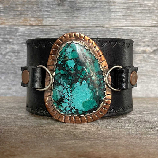 One of a kind genuine black leather and semi-oval-shaped Chinese turquoise statement bracelet