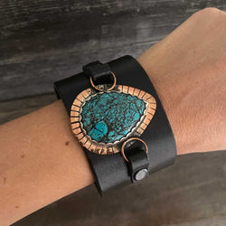 One of a kind genuine black leather  and drop-shaped Chinese turquoise statement  bracelet