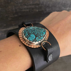 One of a kind genuine black leather  and drop-shaped Chinese turquoise statement  bracelet