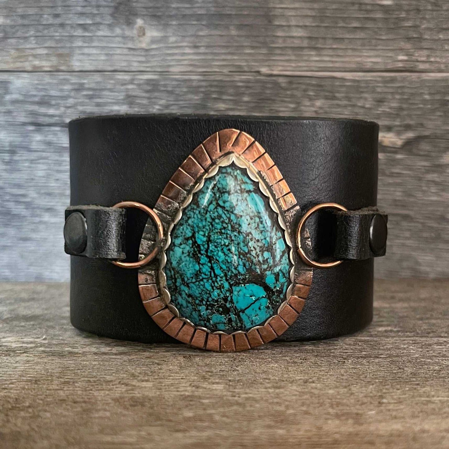 One of a kind genuine black leather  and drop-shaped Chinese turquoise statement  bracelet