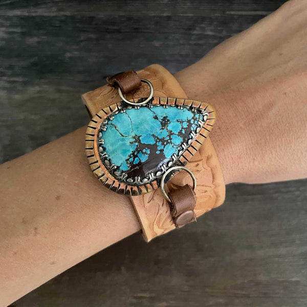 One of a kind genuine light brown  leather and drop-shaped Tibetan turquoise statement bracelet