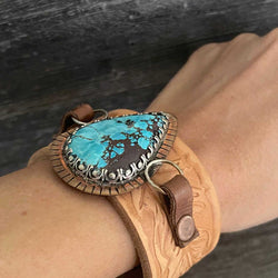 One of a kind genuine light brown  leather and drop-shaped Tibetan turquoise statement bracelet