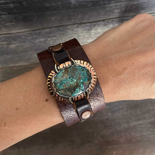One of a kind genuine brown leather  and small oval-shaped Campitos turquoise statement bracelet