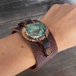 One of a kind genuine brown leather  and small oval-shaped Campitos turquoise statement bracelet