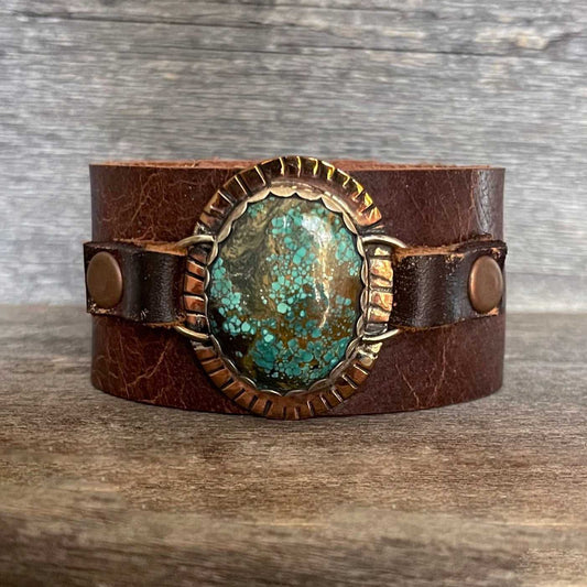 One of a kind genuine brown leather  and small oval-shaped Campitos turquoise statement bracelet