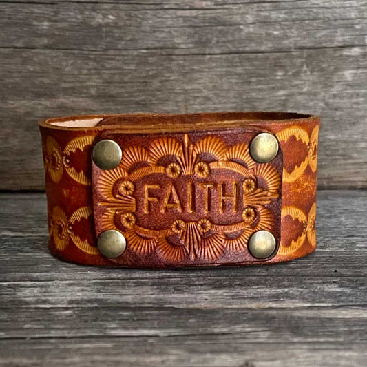 Genuine leather, hand-tooled, layered bracelet with big “Faith” word