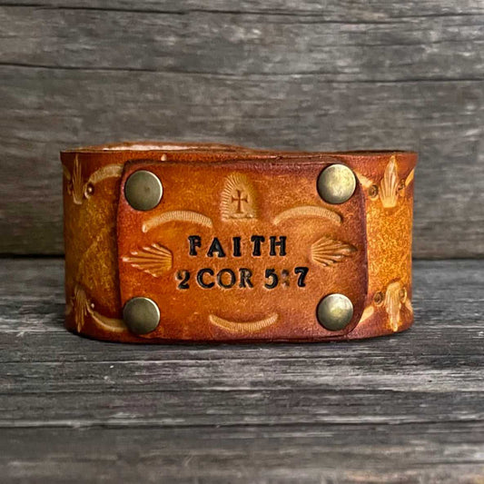 Genuine leather, hand-tooled, layered bracelet with small “Faith” word