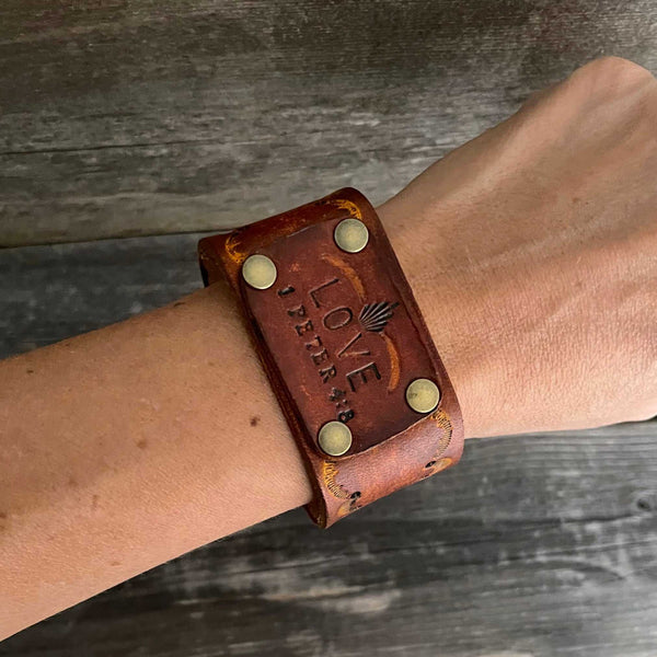 Genuine leather, hand-tooled, layered bracelet with “Love” word