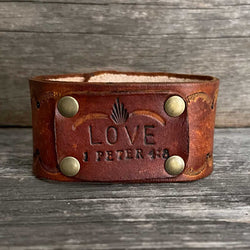 Genuine leather, hand-tooled, layered bracelet with “Love” word