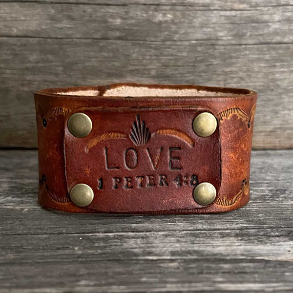 Genuine leather, hand-tooled, layered bracelet with “Love” word