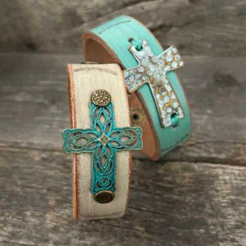 One of a Kind Genuine Leather Faith Bracelet with Vintage Cross