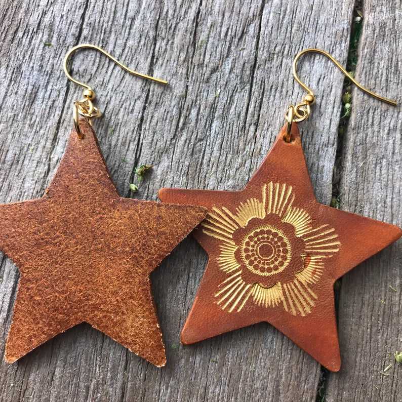 Boho-Style Handcrafted genuine leather star-shaped earrings