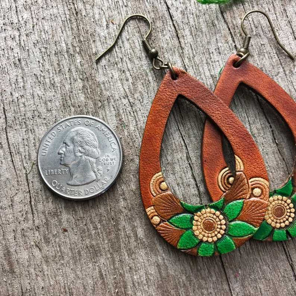 Boho-Style Handcrafted genuine  leather hoop flower earrings