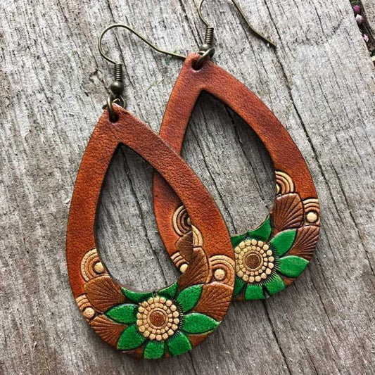 Boho-Style Handcrafted genuine leather hoop flower earrings