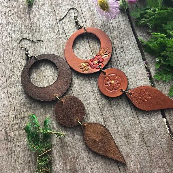 Boho-Style Handcrafted genuine  Leather cascade earrings brown
