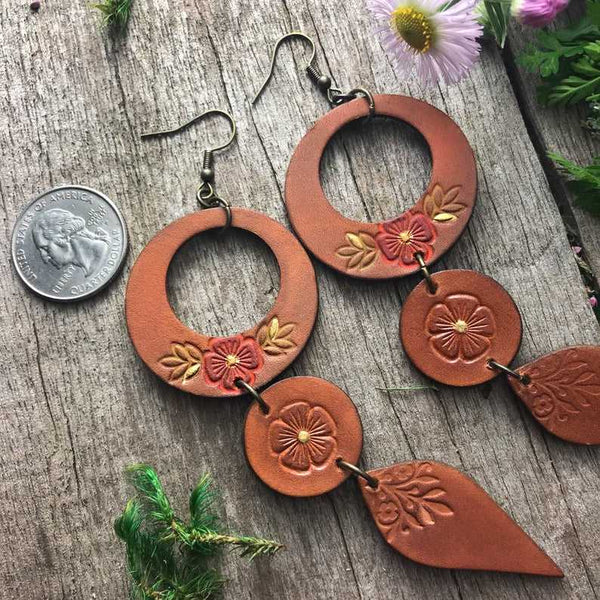 Boho-Style Handcrafted genuine  Leather cascade earrings brown