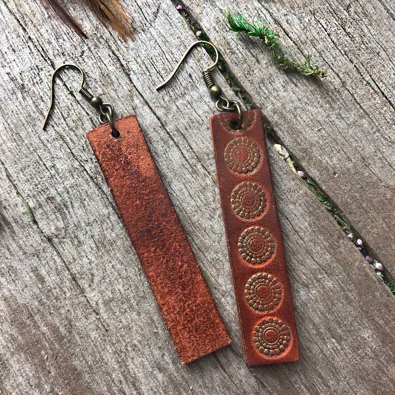 Boho-Style Handcrafted genuine Leather long rectangle earrings