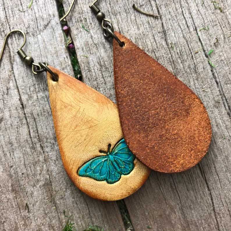 Boho-Style Handcrafted genuine  Leather drop butterfly earrings