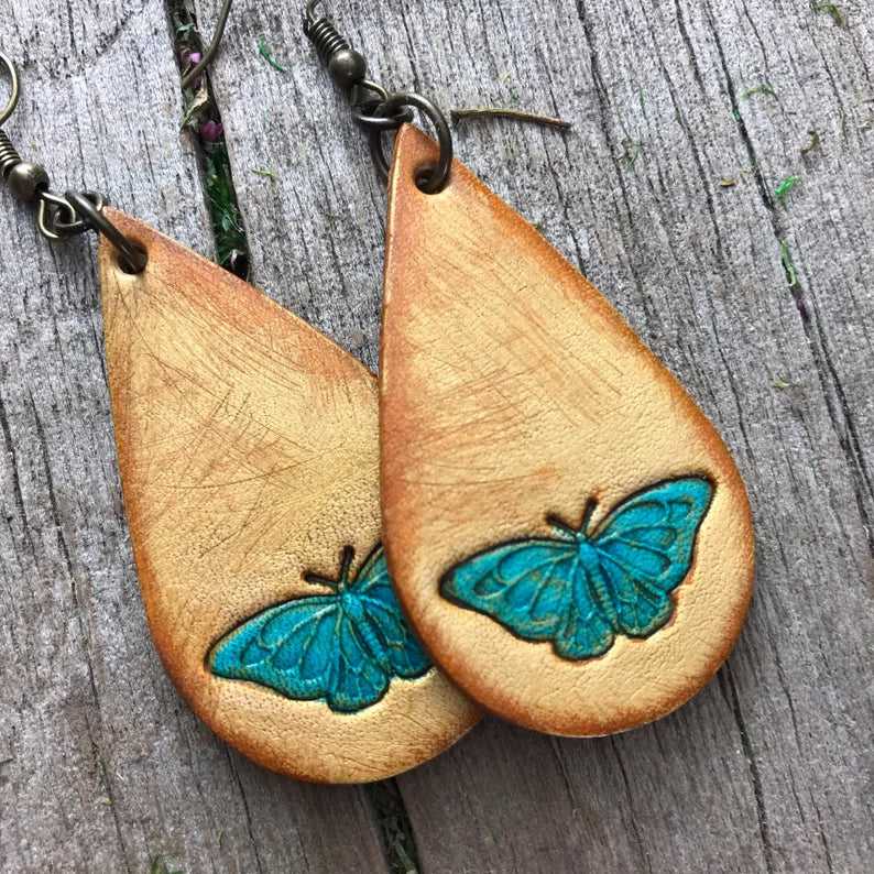 Boho-Style Handcrafted genuine  Leather drop butterfly earrings