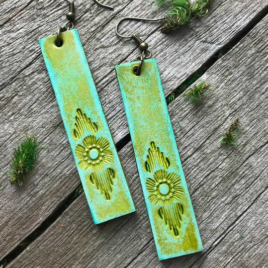 Boho-Style Handcrafted genuine leather rectangle flower earrings